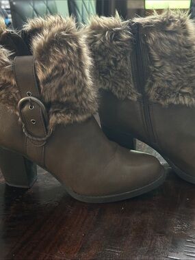 Sugar Brown Faux Fur Cuff Ankle Boots with Buckle